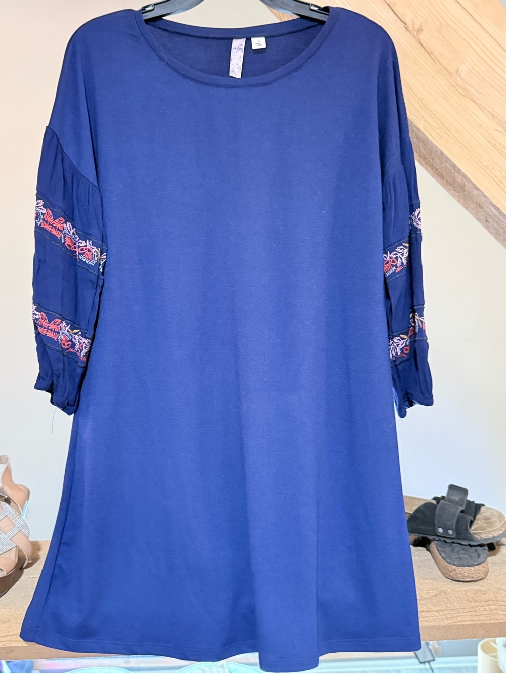 Alya Cobalt Blue Midi Dress with Embroidered Sleeve Bands